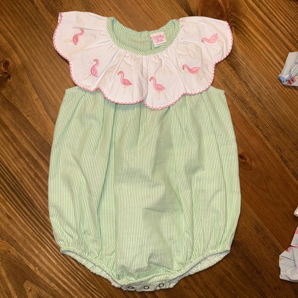 Green and White Kids Bodysuit with Flamingo Design